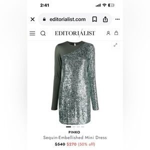 NWT PINKO MSRP $540 green sequin-embellished, long sleeve mini dress size SMALL